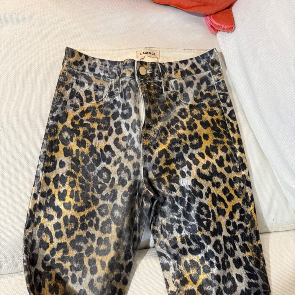 $295 L'Agence Margot Skinny High Rise Gold Leopard Foil Coated Jeans Pants Ankle - Picture 5 of 16